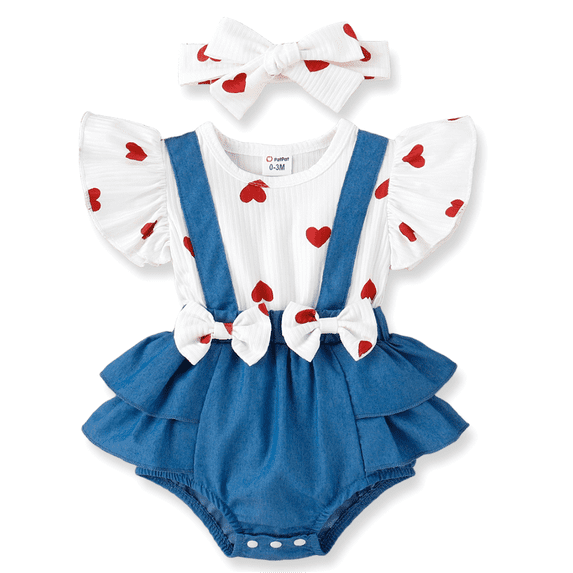 PatPat Baby Girl Clothes One-piece Heart Print Bodysuit with Headband Denim Suspender Style Ruffle Romper Outfit 12-18 Months
