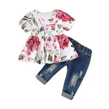 PatPat 2pcs Baby Girl Clothes 95% Cotton Denim Jeans and Short-sleeve Top Set, 18-24 Months