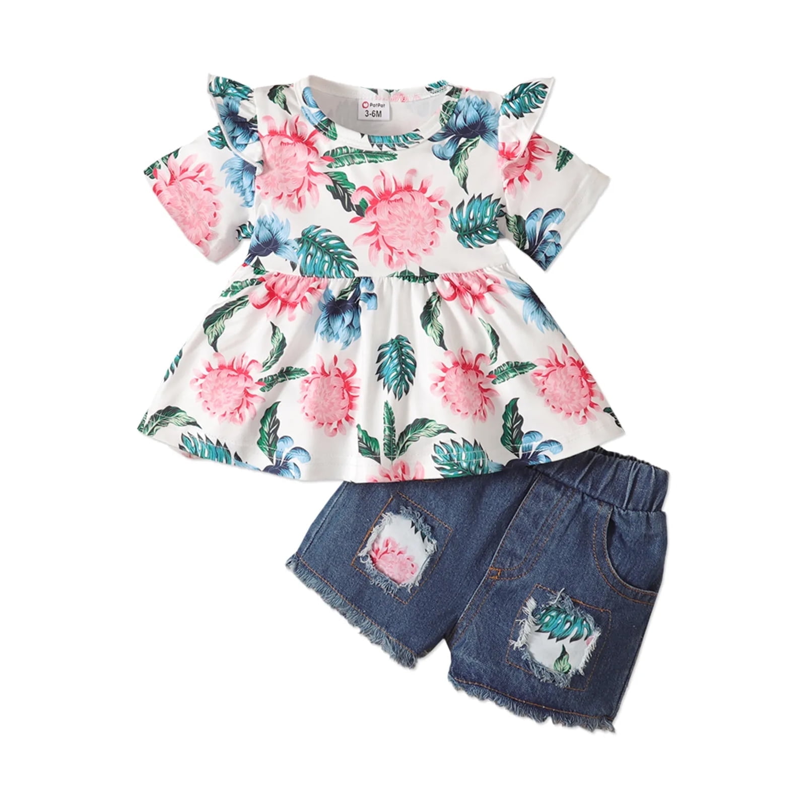 PatPat 2pcs Baby Girl Clothes Floral Short-sleeve Top and Shorts Set, 3-6 Months