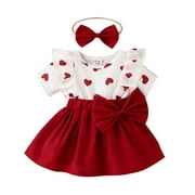 PatPat 2pcs Baby Girl Clothes Valentine‘s Day Heart Short-sleeve Dress & Headband Set, 6-9 Months