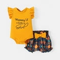 thumbnail image 1 of PatPat 2pcs Baby Girl Cotton Ruffle-sleeve Letter Graphic Romper and Bow Front Boho Print Bloomer Shorts Set, 1 of 5
