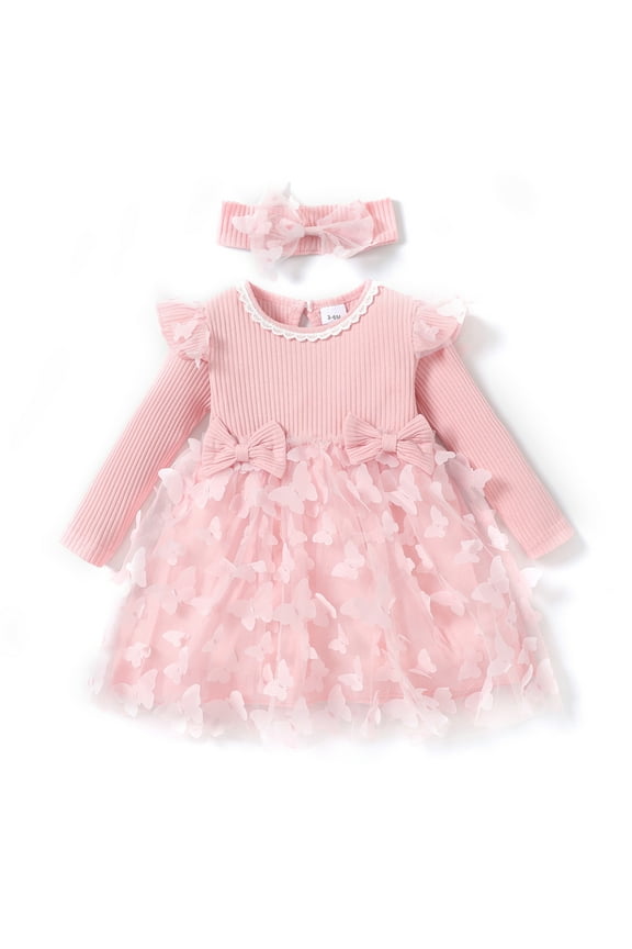 2pcs Baby Girl Pink Mesh Dress Set,Ribbed Long Sleeve Splicing 3D Butterfly Appliques Princess Dress Pageant Party Birthday Wedding Flower Girl Dress,0-3T