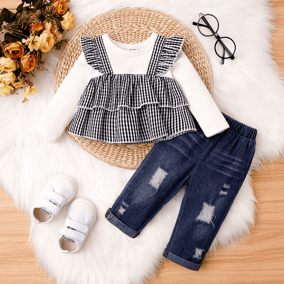PatPat 2pcs Baby Girl Ruffle Plaid Long-sleeve Top and 100% Cotton Ripped Denim Jeans Set