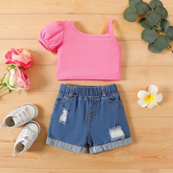 PatPat 2pcs Baby Solid Ribbed One-Shoulder Top and 95% Cotton Ripped Denim Shorts Set Baby Set 3-6 Months