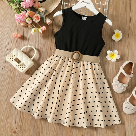 PatPat 2pcs Girl Dress Polka Dots Ribbed Splice Sleeveless Black Dress & Belt Size 5-13