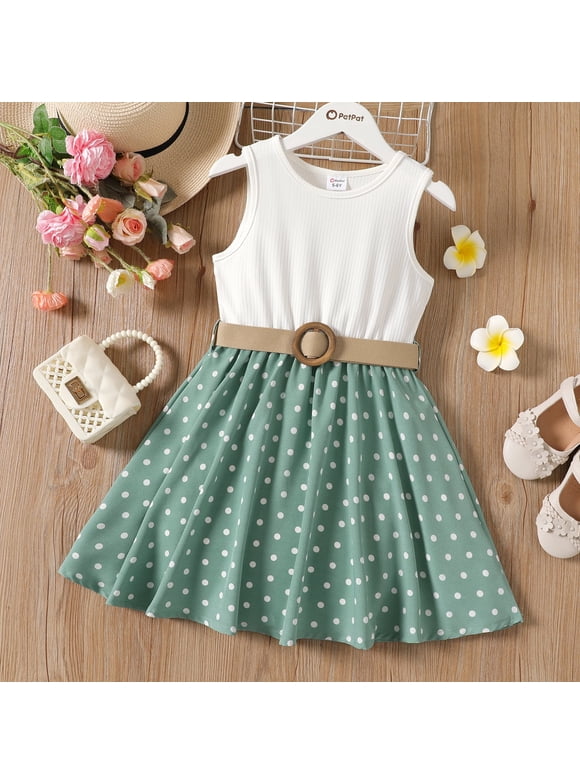 2pcs Girl Dress Polka Dots Ribbed Splice Sleeveless Dress & Belt Size 5-13