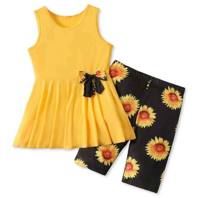 PatPat 2pcs Kid Girl Bowknot Design Sleeveless Tee and Floral Print Leggings Shorts Set