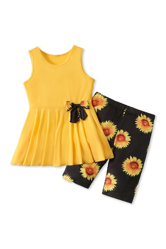 2pcs Kid Girl Bowknot Design Sleeveless Tee and Floral Print Leggings Shorts Set