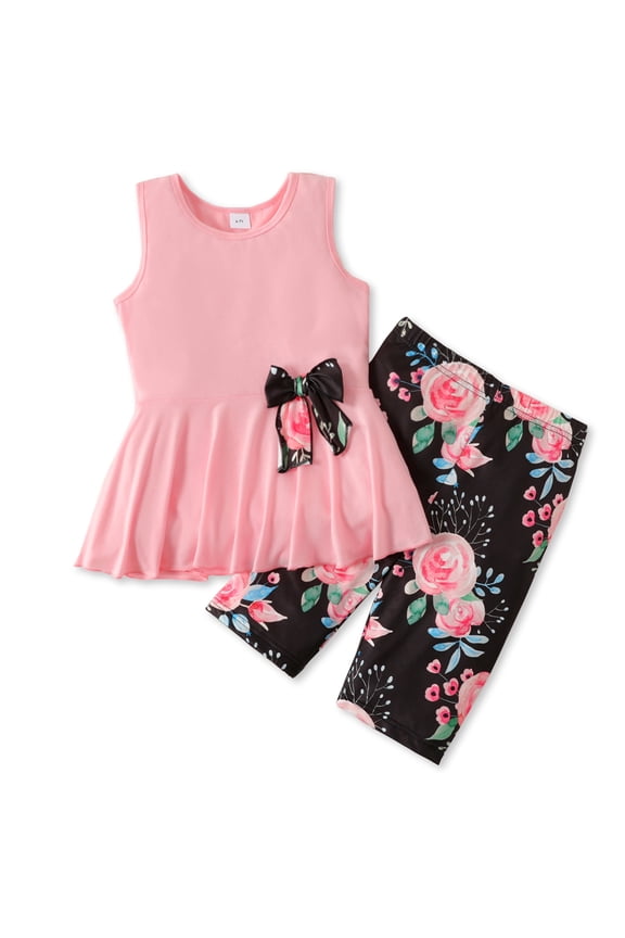 2pcs Kid Girl Bowknot Design Sleeveless Tee and Floral Print Leggings Shorts Set