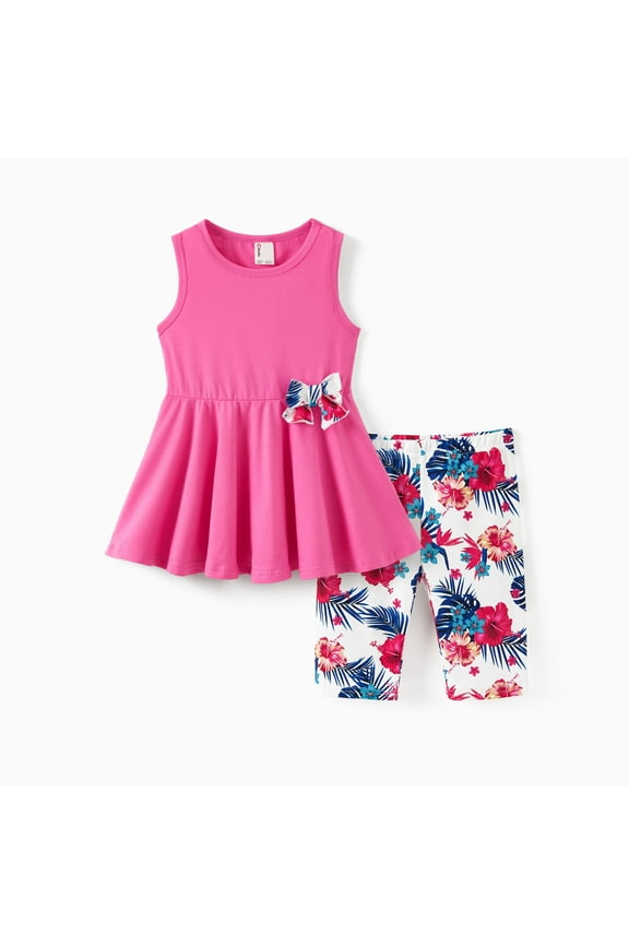 2pcs Kid Girl Bowknot Design Sleeveless Tee and Floral Print Leggings Shorts Set