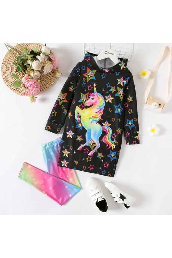 2pcs Kid Girl Colorful Unicorn Star Print Hooded Sweatshirt and Tie Dyed Leggings Set Sizes 5-12