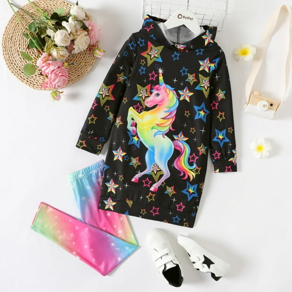 PatPat 2pcs Kid Girl Colorful Unicorn Star Print Hooded Sweatshirt and Tie Dyed Leggings Set Sizes 5-12