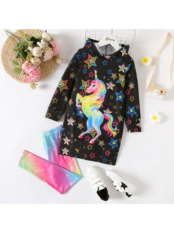 2pcs Kid Girl Colorful Unicorn Star Print Hooded Sweatshirt and Tie Dyed Leggings Set Sizes 5-12