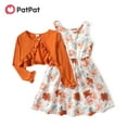 thumbnail image 1 of PatPat 2pcs Kid Girl Dress and Cardigan Floral Print Sleeveless Dress and Ruffled Long-sleeve Orange Cardigan Set, 1 of 6