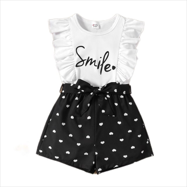 PatPat 2pcs Kid Girl Summer Letter Print t Ruffled Sleeve T-Shirt Tops and Love Heart Print Shorts Set