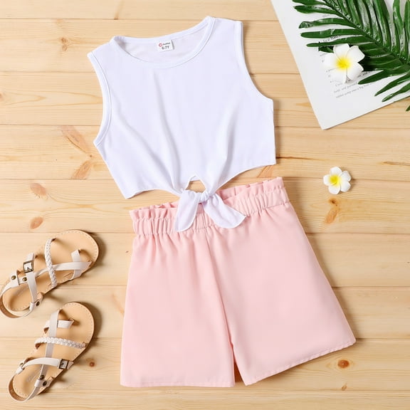 PatPat 2pcs Kid Girl Tie Knot Sleeveless Tee and Elasticized Paperbag Shorts Set