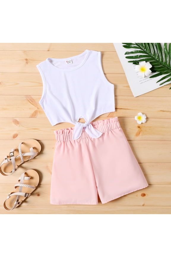 2pcs Kid Girl Tie Knot Sleeveless Tee and Elasticized Paperbag Shorts Set