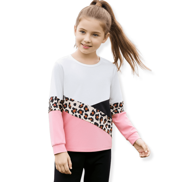 PatPat 2pcs Kid Girls Leopard Print Colorblock Long Sleeves Tee and Black Leggings Set Sizes 4-12