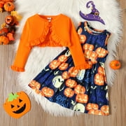 PatPat 2pcs Toddler Girl Dresses Sleeveless Colourful Stripe Suit Dress Set Toddler Clothes for Girls, Orange,3-4T