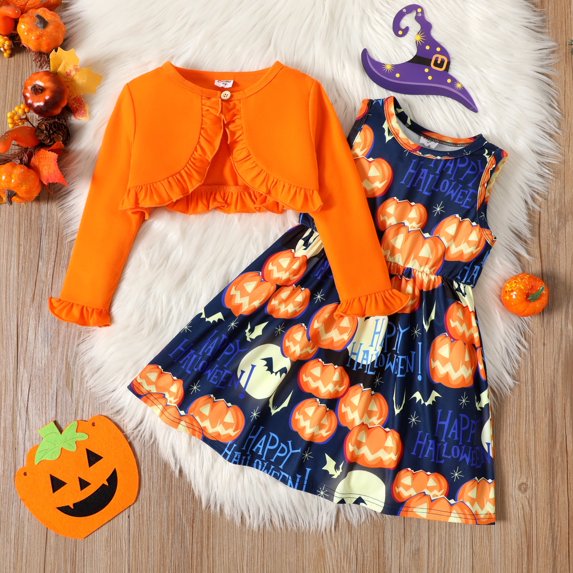 PatPat 2pcs Toddler Girl Dresses Sleeveless Colourful Stripe Suit Dress Set Toddler Clothes for Girls, Orange,3T