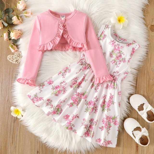 PatPat 2pcs Toddler Girl Floral Print Sleeveless Dress and Ruffled ...