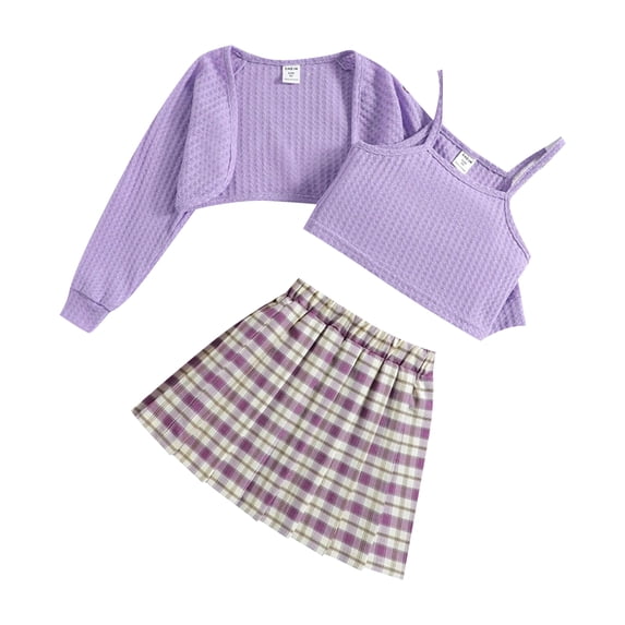 PatPat 3 Pieces Girls Waffle Cami Top, Long Sleeve Cardigan with Plaid Skirt Outfit Set Size 5-12