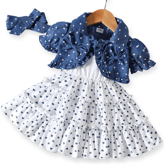 PatPat 3pcs Baby Girl 100% Cotton Allover Heart Print Puff-sleeve Denim Crop Top and Cami Dress & Headband Set