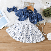PATPAT 3pcs Baby Girl 100% Cotton Allover Heart Print Puff-sleeve Denim Crop Top and Cami Dress & Headband Set