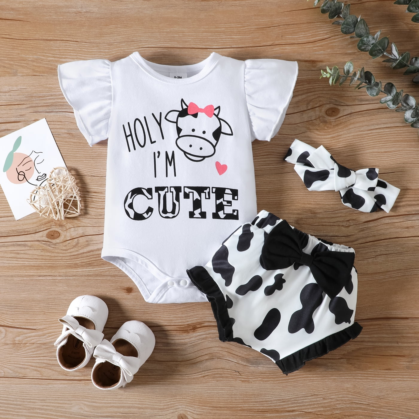 100% Cotton 3pcs Baby Girl Ladybugs/Cow Letter Print Ruffle Short-sleeve Romper and Shorts with Headband Set