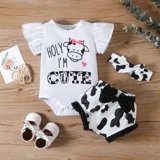 3pcs Baby Girl 100% Cotton Belted Ripped Denim Skirt and Letter Print Ribbed Flutter-sleeve Romper & Headband Set Light bean green