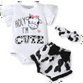 thumbnail image 1 of PatPat 3pcs Baby Girl 95% Cotton Letter Graphic Flutter-sleeve Romper and Bow Front Shorts & Headband Set, 1 of 10