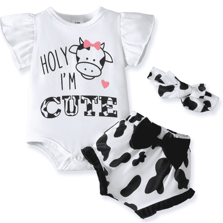 PatPat 3pcs Baby Girl 95% Cotton Letter Graphic Flutter-sleeve Romper and Bow Front Shorts & Headband Set