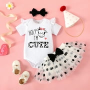 PatPat 3pcs Baby Girl 95% Cotton Ruffle Short-sleeve Letter & Cow Print Romper and Polka Dots Mesh Skirt & Headband Set
