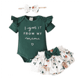 thumbnail image 1 of PatPat 3pcs Baby Girl 95% Cotton Short-Sleeve Letter Print Romper & Floral Print Layered Ruffled Shorts & Headband Set,0-18 Month, 1 of 11