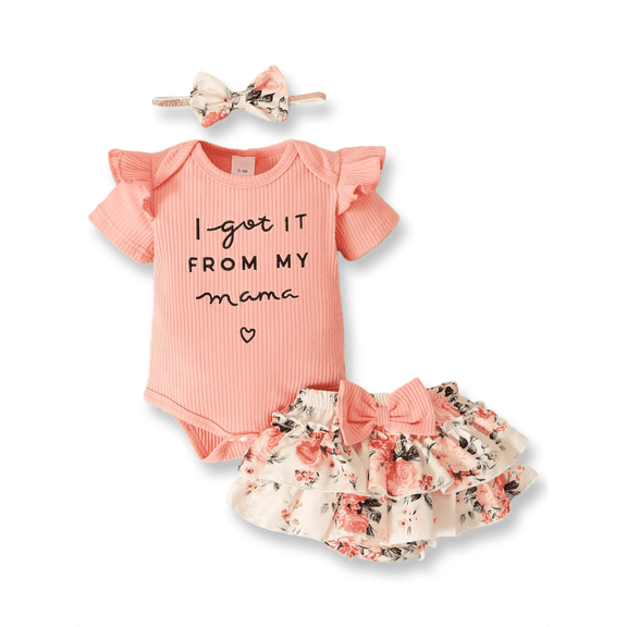PatPat 3pcs Baby Girl 95% Cotton Short-Sleeve Letter Print Romper & Floral Print Layered Ruffled Shorts & Headband Set,0-18 Month