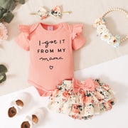 PatPat 3pcs Baby Girl 95% Cotton Short-Sleeve Letter Print Romper & Floral Print Layered Ruffled Shorts & Headband Set,0-18 Month