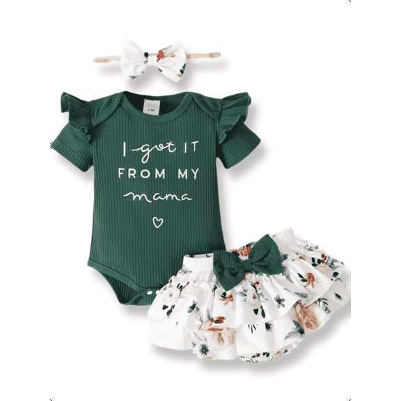 PatPat 3pcs Baby Girl 95% Cotton Short-Sleeve Letter Print Romper & Floral Print Layered Ruffled Shorts & Headband Set,0-18 Month