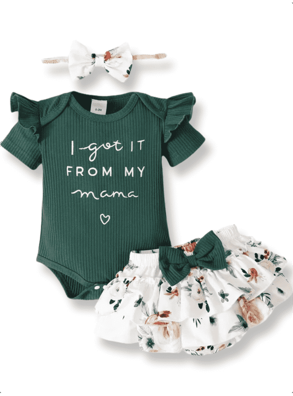 3pcs Baby Girl 95% Cotton Short-Sleeve Letter Print Romper & Floral Print Layered Ruffled Shorts & Headband Set,0-18 Month