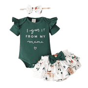 PatPat 3pcs Baby Girl 95% Cotton Short-Sleeve Letter Print Romper & Floral Print Layered Ruffled Shorts & Headband Set,0-18 Month