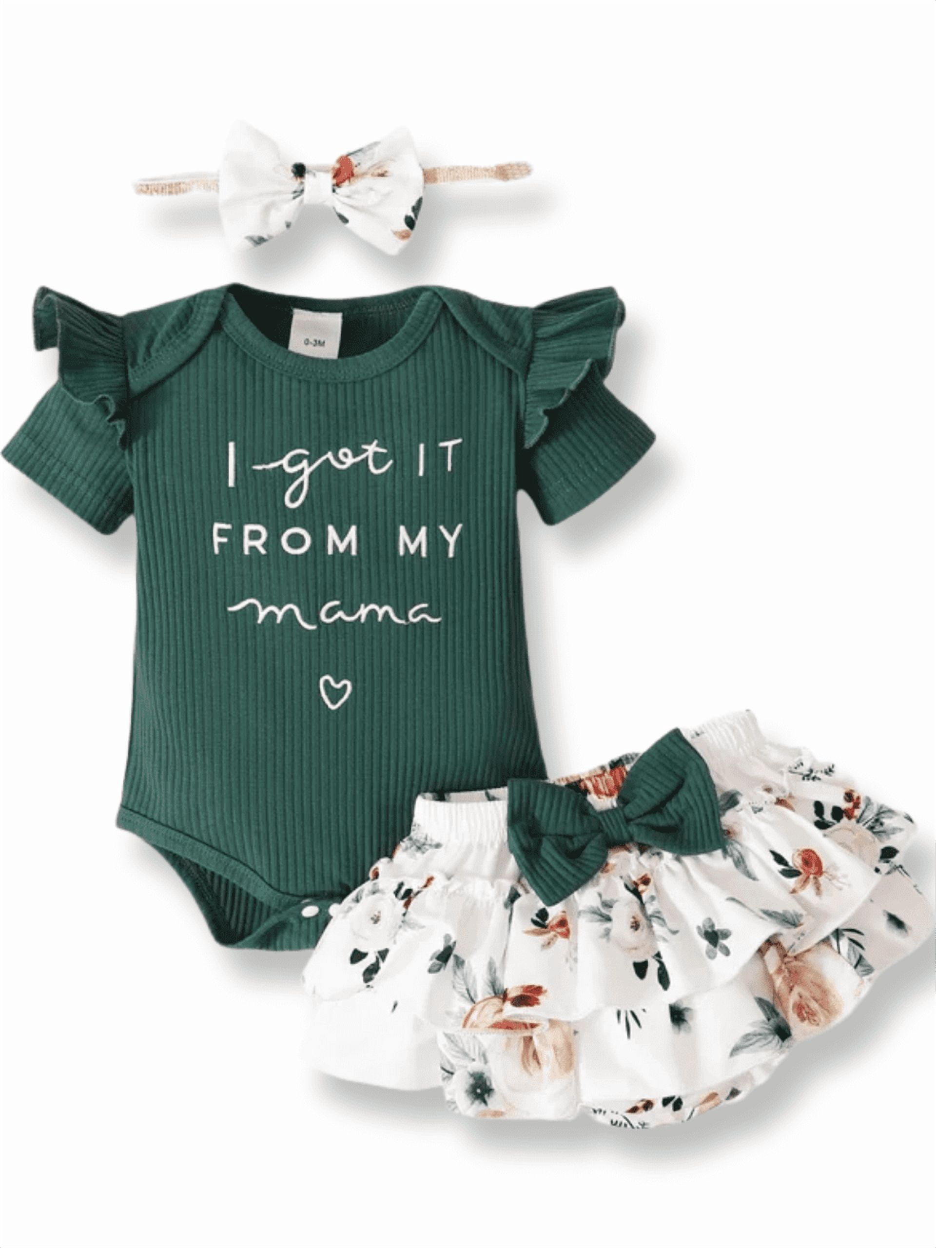 PatPat 3pcs Baby Girl 95% Cotton Short-Sleeve Letter Print Romper & Floral Print Layered Ruffled Shorts & Headband Set,0-18 Month