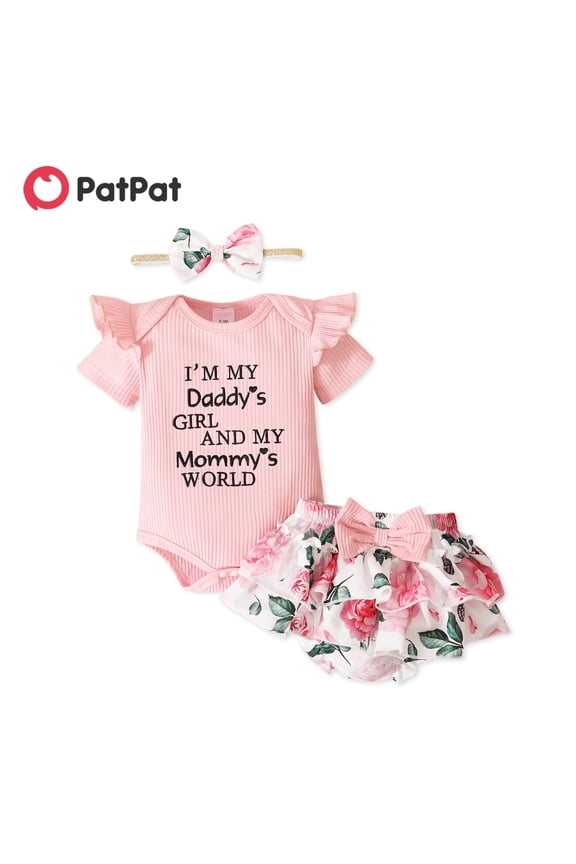 3pcs Baby Girl 95% Cotton Short-Sleeve Letter Print Romper & Floral Print Layered Ruffled Shorts & Headband Set,0-18 Month