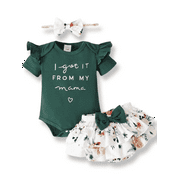 PatPat 3pcs Baby Girl 95% Cotton Short-Sleeve Letter Print Romper & Floral Print Layered Ruffled Shorts & Headband Set,0-18 Month