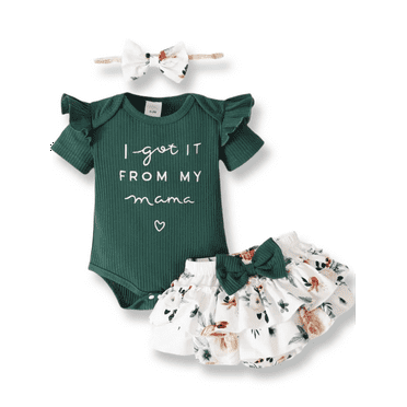 PatPat 3pcs Baby Girl 95% Cotton Short-Sleeve Letter Print Romper & Floral Print Layered Ruffled Shorts & Headband Set,0-18 Month
