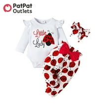 PatPat 3pcs Baby Girl Ladybug Long Sleeve Romper and Bowknot Trousers Set,Fall Clothes Newborn Outfit,0-18 Month