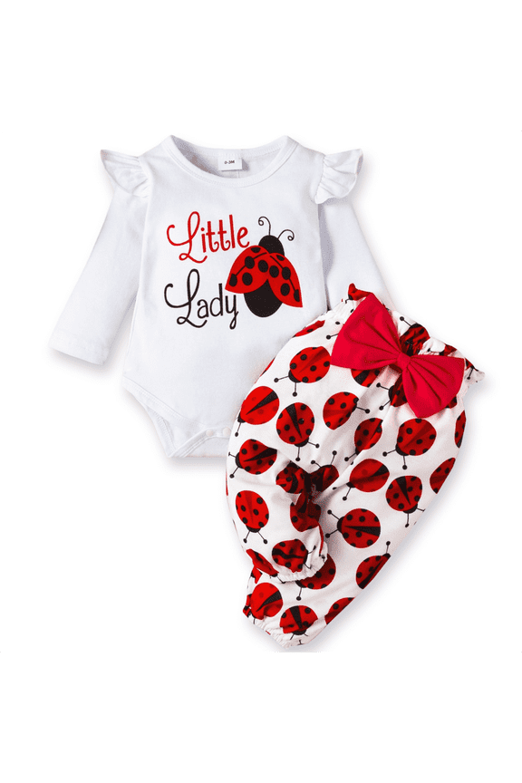 3pcs Baby Girl Ladybug Long Sleeve Romper and Bowknot Trousers Set,Fall Clothes Newborn Outfit,0-18 Month