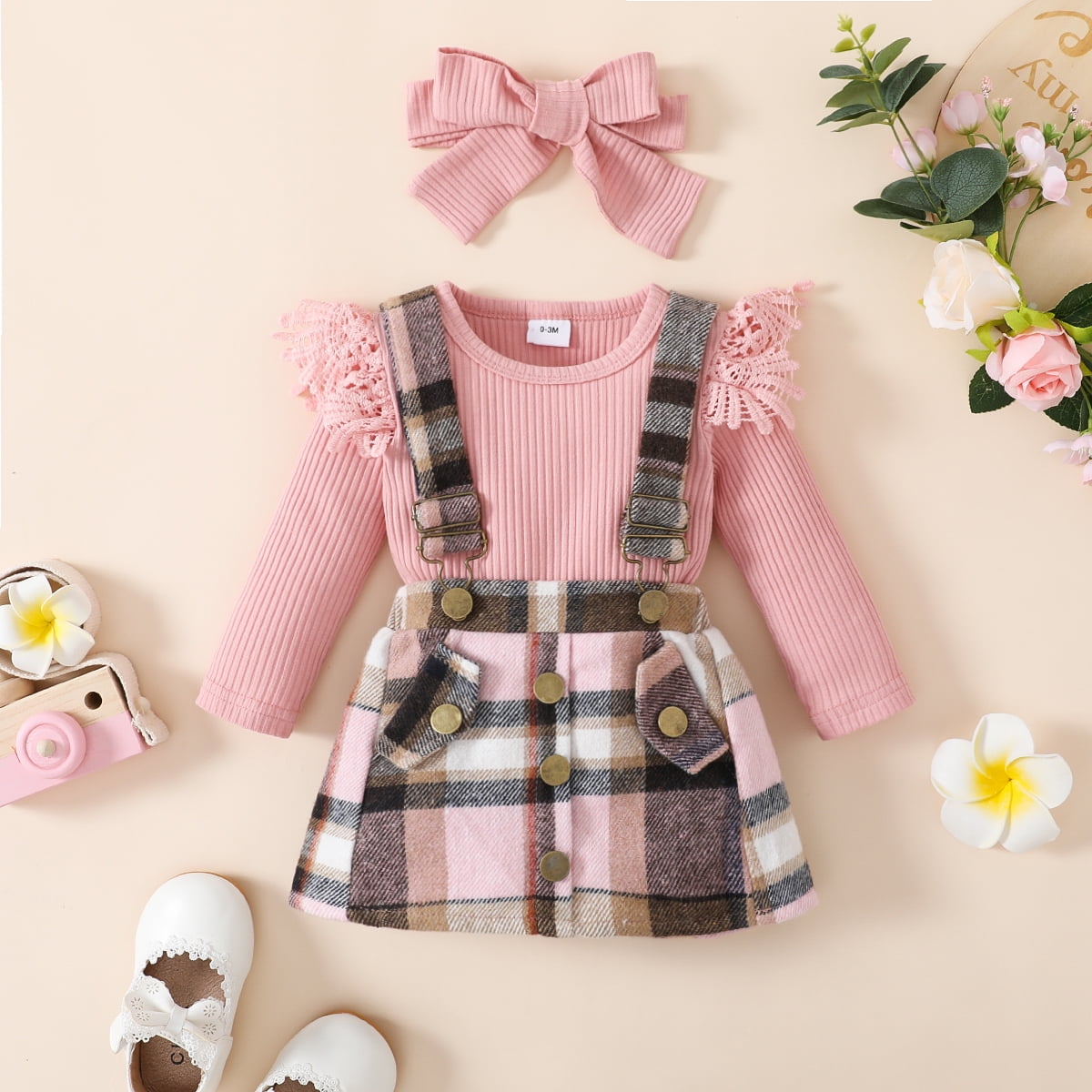 Baby Girl 95% Cotton Short-sleeve Plaid Bow Front Dress