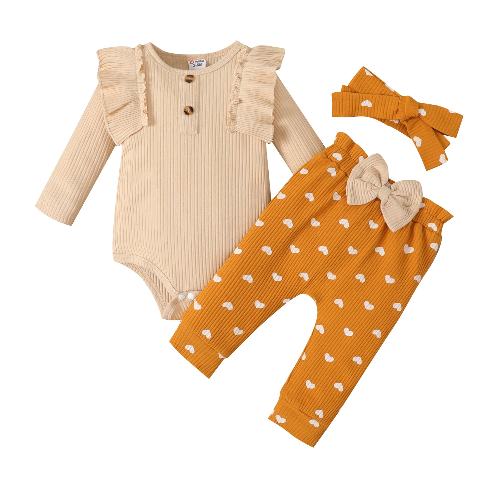 PatPat 3pcs Baby Girl Ribbed Ruffle Buttons Long-sleeve Bodysuit and ...