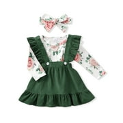 PatPat 3pcs Baby Girls Floral Ruffle Romper Set,Newborn Long Sleeve Bodysuit Romper with Suspender Swing Dress Headband Fall Clothes Infant Outfit Casual Overall Dress,0-12 Month