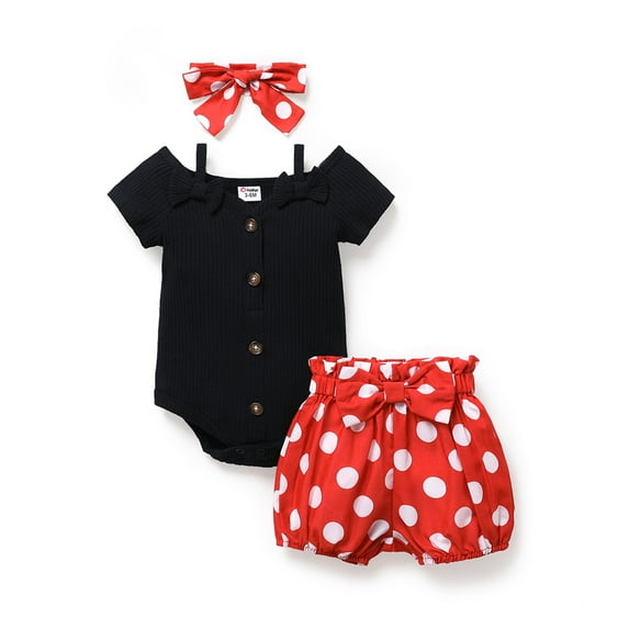 PatPat Baby Girl Clothes 3Pcs Outfit Set Polka Dot Shorts Black Bodysuit Headband Gift for 6-9 Months