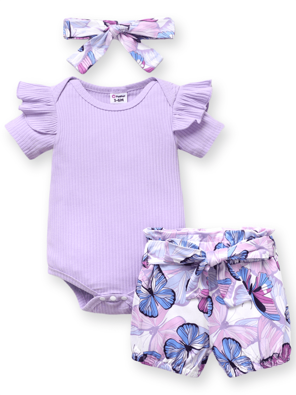 Baby Girl Outfit Sets Butterfly Print Shorts and Purple Bodysuit Headband Gift for Baby Girl 0-3 Months